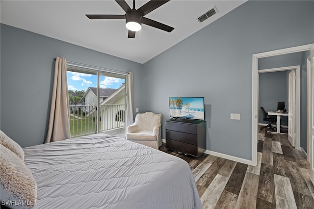 bedroom featuring access to outside, ceiling fan, dark hardwood / wood-style flooring, and lofted ceiling