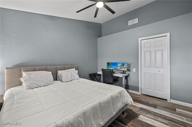 bedroom featuring ceiling fan and hardwood / wood-style flooring