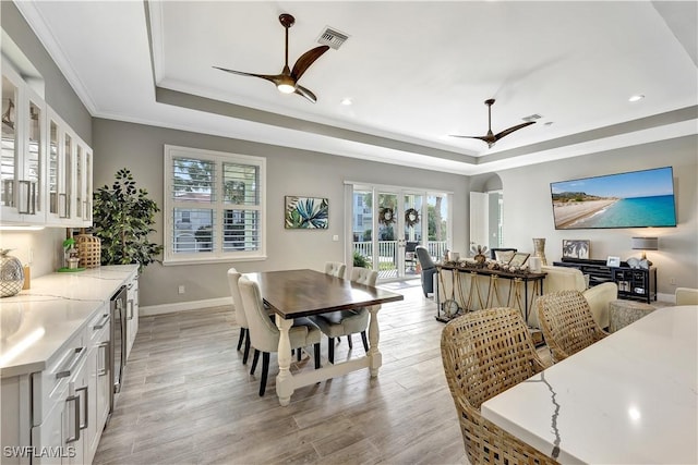 dining space featuring a wealth of natural light, a tray ceiling, and ceiling fan