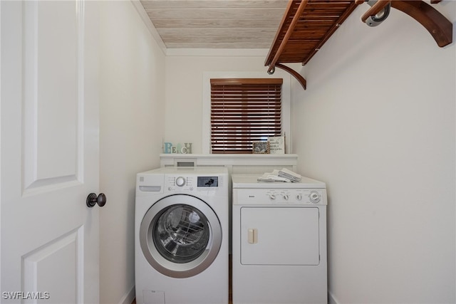 clothes washing area featuring washing machine and clothes dryer and wood ceiling