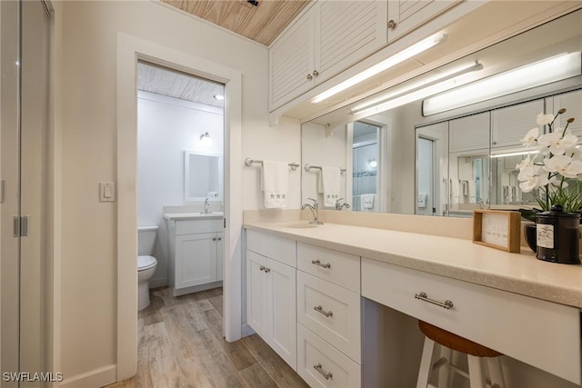 bathroom featuring vanity, hardwood / wood-style flooring, toilet, and wooden ceiling