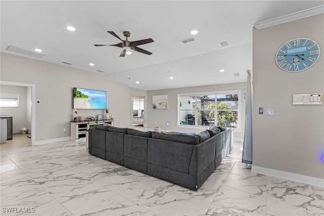 living room featuring crown molding, ceiling fan, and lofted ceiling