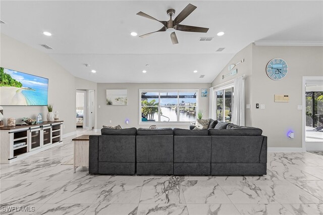 living room with ceiling fan and lofted ceiling