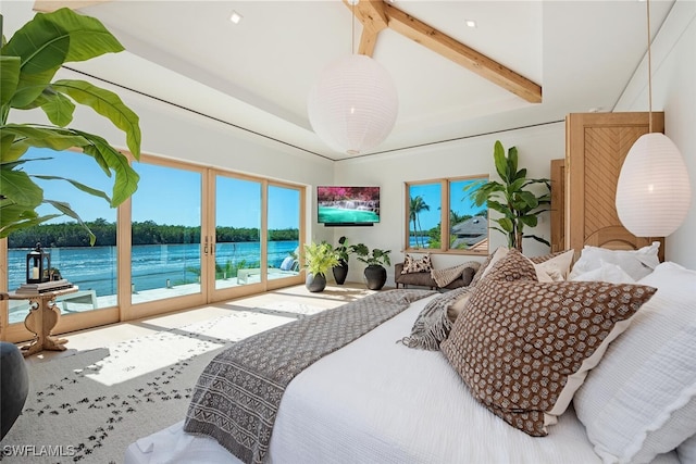 bedroom with access to outside, a water view, and lofted ceiling with beams