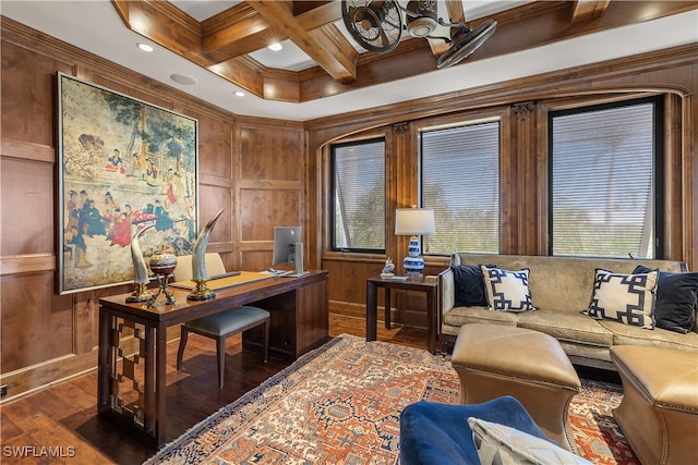 office space featuring beamed ceiling, dark hardwood / wood-style flooring, plenty of natural light, and coffered ceiling