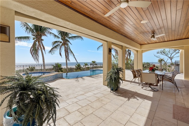 view of patio / terrace featuring ceiling fan, a water view, and a fenced in pool