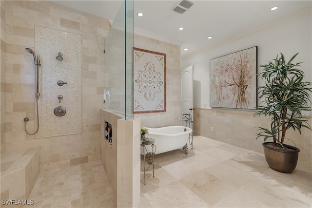 bathroom featuring shower with separate bathtub, tile walls, and crown molding