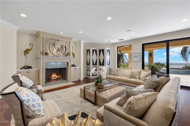 living room with a fireplace, dark hardwood / wood-style floors, and ornamental molding