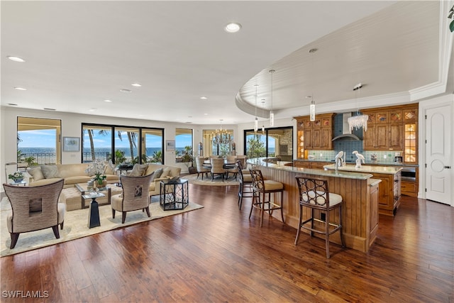 kitchen featuring dark hardwood / wood-style flooring, hanging light fixtures, a healthy amount of sunlight, and a kitchen island with sink