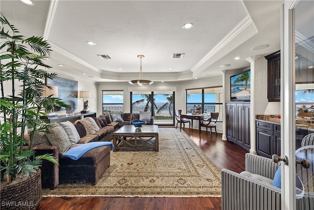 living room with a raised ceiling, crown molding, and dark wood-type flooring