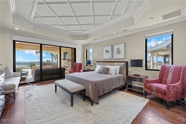 bedroom with coffered ceiling, wood-type flooring, access to outside, a fireplace, and ornamental molding