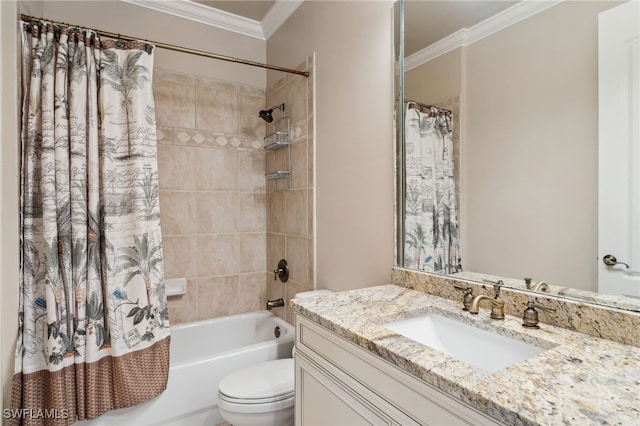 full bathroom featuring vanity, toilet, shower / bath combo with shower curtain, and crown molding