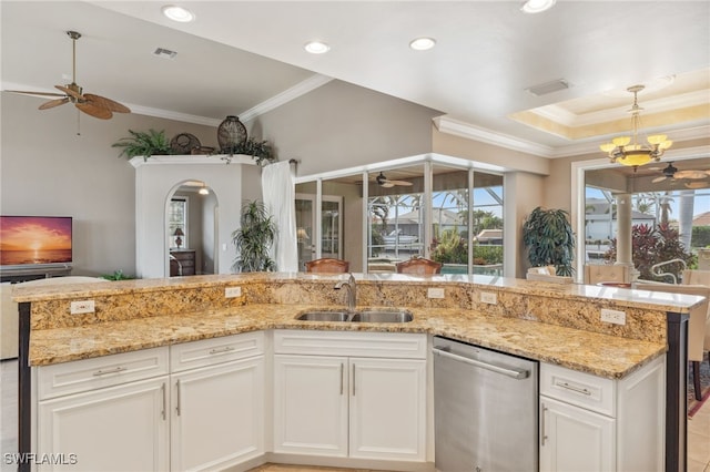 kitchen with crown molding, sink, white cabinets, and stainless steel dishwasher