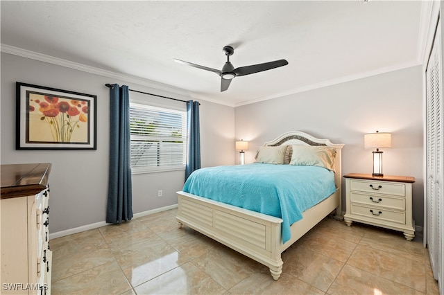 bedroom with ceiling fan and ornamental molding