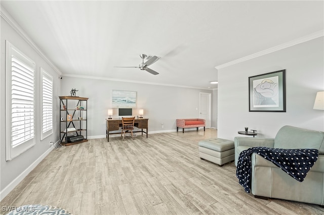 living room featuring ceiling fan, light hardwood / wood-style flooring, and crown molding