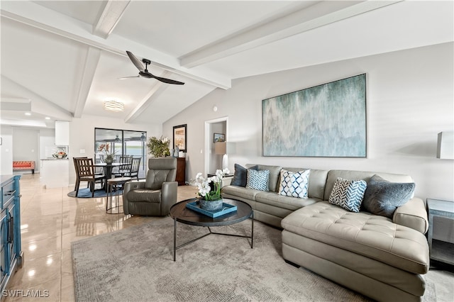 tiled living room with vaulted ceiling with beams and ceiling fan