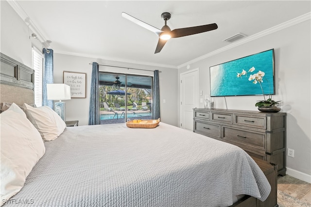 bedroom with access to exterior, ceiling fan, and crown molding