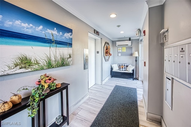 hall with ornamental molding, light hardwood / wood-style floors, a wall mounted AC, elevator, and a mail area