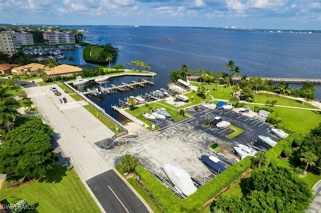 drone / aerial view with a water view