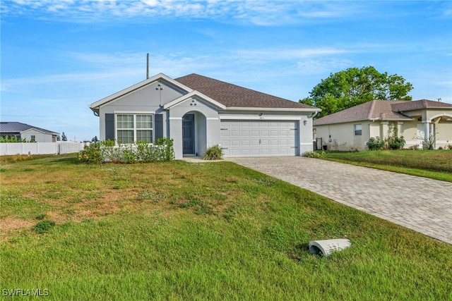 single story home featuring a garage and a front lawn