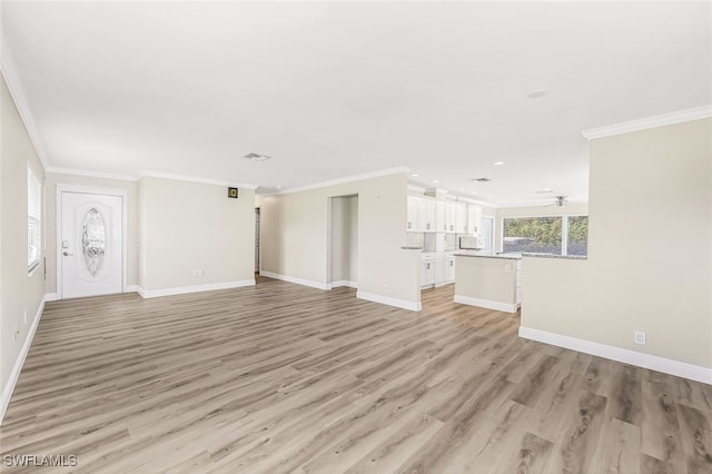 2199 Santiago Ave, Fort Myers, FL 33905 - unfurnished living room with ornamental molding, baseboards, light wood-type flooring, recessed lighting, and ceiling fan