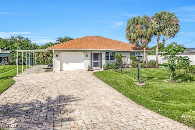 single story home with a carport, a garage, and a front lawn