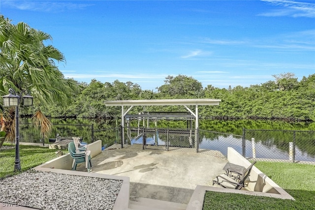 view of patio / terrace featuring a water view