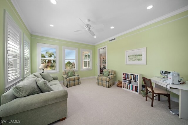 interior space with carpet, ceiling fan, and ornamental molding