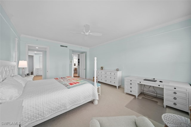 bedroom featuring light colored carpet, ceiling fan, and ornamental molding