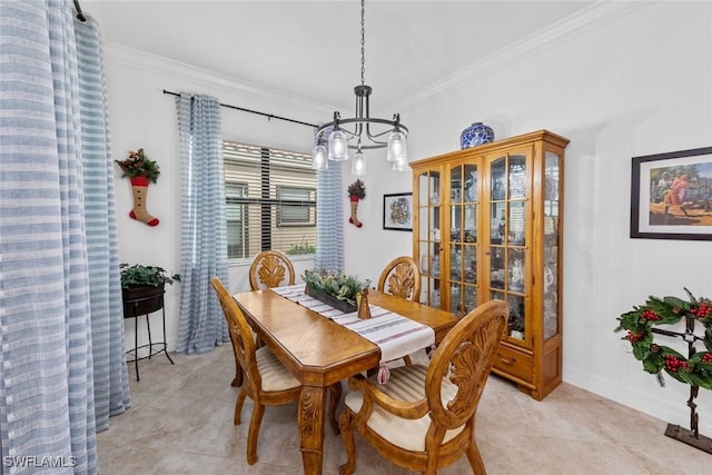 tiled dining space with ornamental molding and a notable chandelier