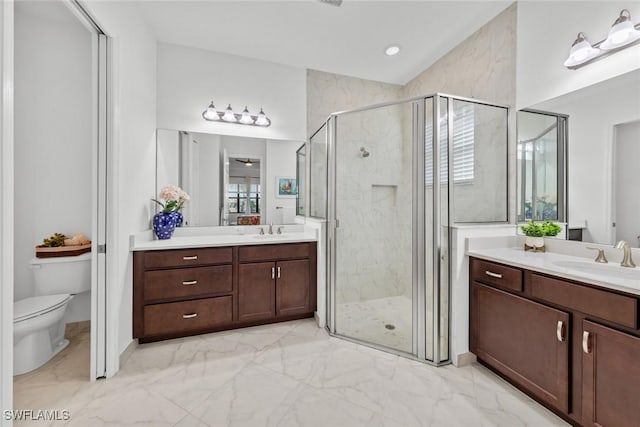 bathroom featuring vanity, toilet, and walk in shower