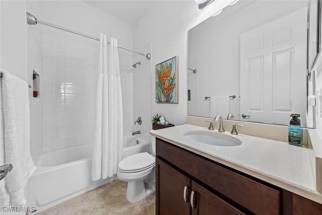 full bathroom featuring tile patterned flooring, shower / bath combination with curtain, vanity, and toilet