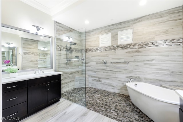 bathroom featuring hardwood / wood-style floors, vanity, crown molding, tile walls, and independent shower and bath