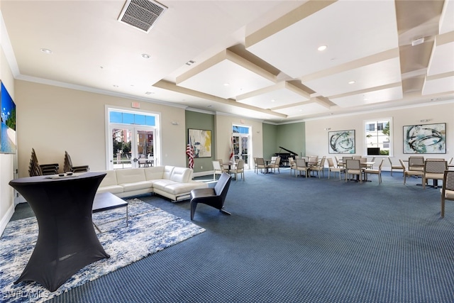 carpeted living room featuring a wealth of natural light, french doors, crown molding, and coffered ceiling