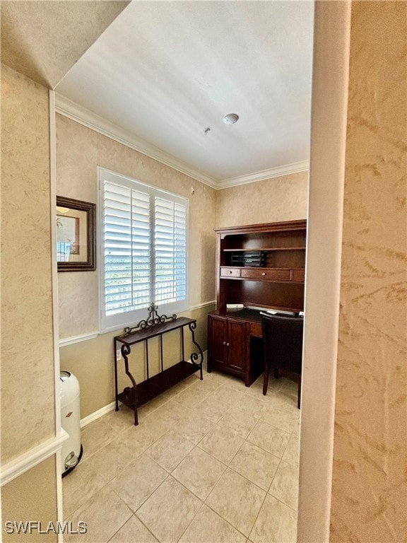 tiled office featuring crown molding