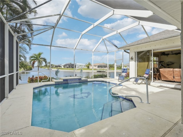 view of swimming pool featuring a patio, a water view, glass enclosure, and a hot tub