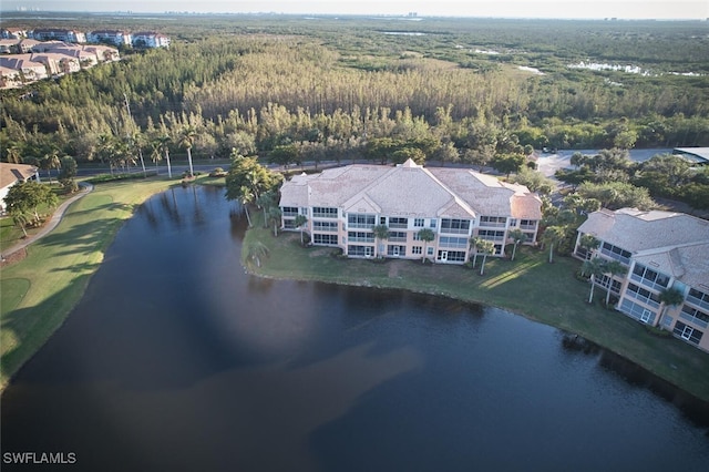 drone / aerial view featuring a water view