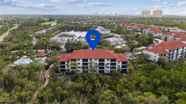 drone / aerial view featuring a water view