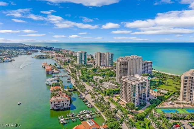 drone / aerial view with a water view