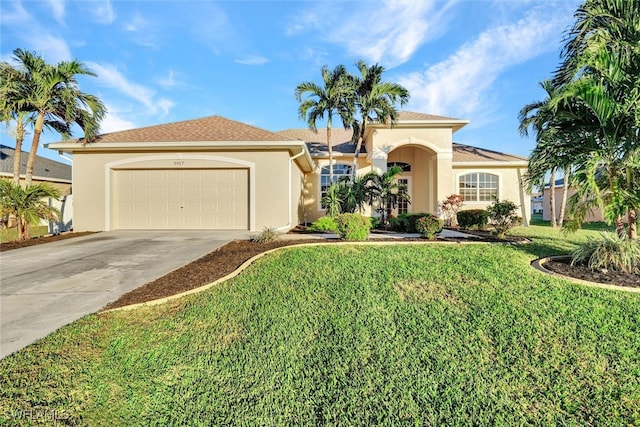 mediterranean / spanish-style house featuring a garage and a front lawn