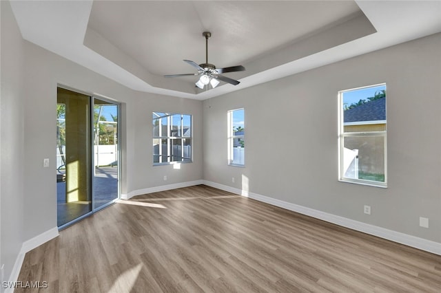 empty room with a tray ceiling, light hardwood / wood-style flooring, and a wealth of natural light