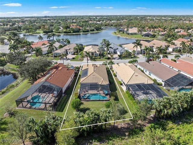 aerial view featuring a water view