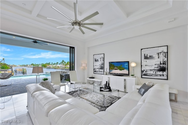 tiled living room with coffered ceiling, beamed ceiling, and a high ceiling