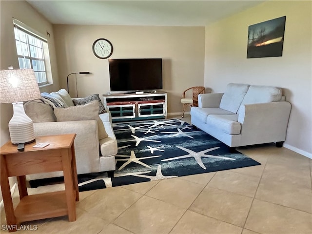 living room with light tile patterned flooring