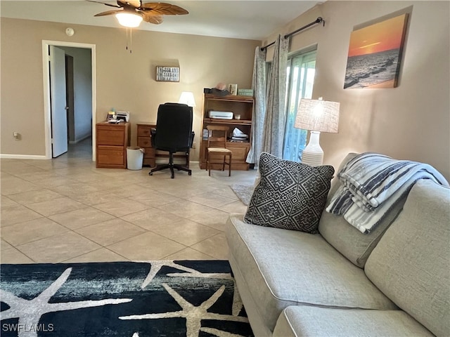 tiled living room with ceiling fan