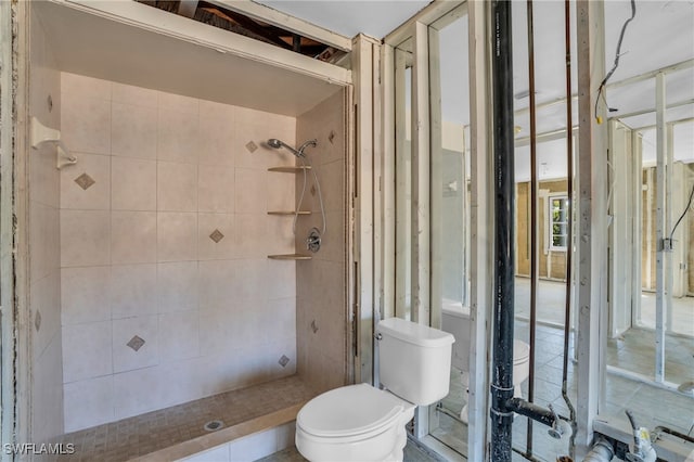 bathroom featuring a stall shower and toilet