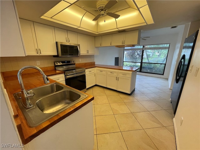 kitchen featuring sink, kitchen peninsula, decorative backsplash, white cabinetry, and stainless steel appliances