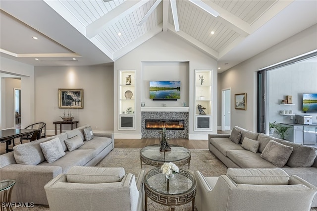 living room featuring light hardwood / wood-style flooring, beamed ceiling, high vaulted ceiling, built in features, and wood ceiling