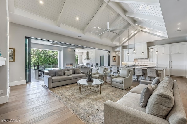 living room featuring wood ceiling, ceiling fan, beam ceiling, high vaulted ceiling, and light hardwood / wood-style floors