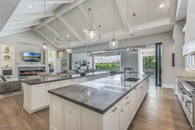 kitchen with a large island, light hardwood / wood-style floors, sink, and decorative light fixtures